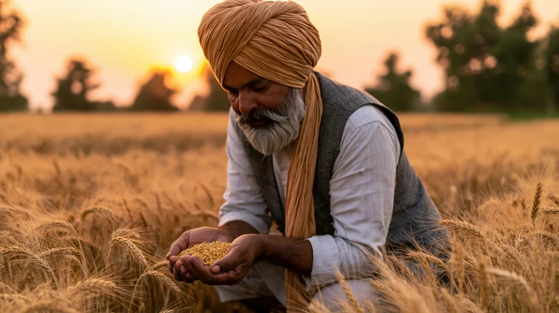 Farmer crouching in wheat field holding grain at sunset