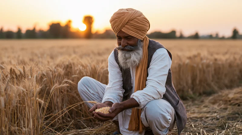 Senior asian farmer crouching in wheat field holding grain at sunset