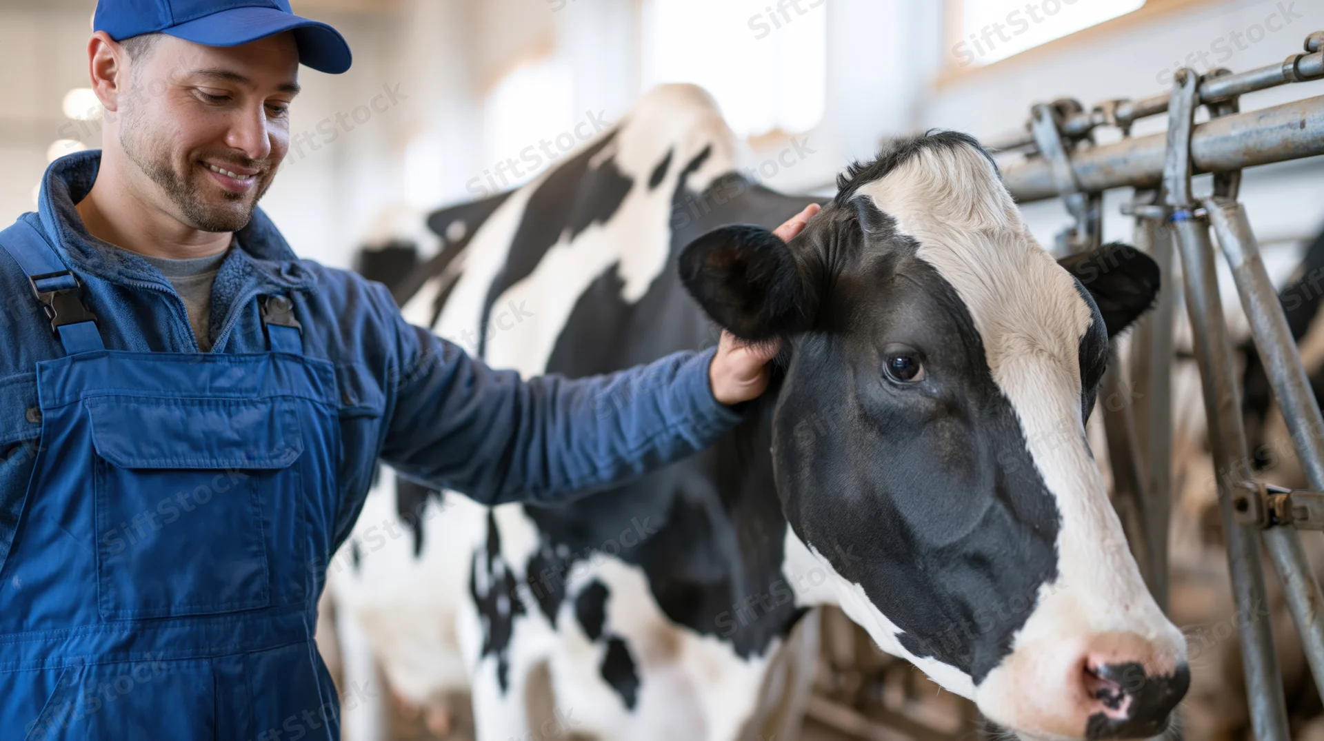 Farmer in blue coveralls petting a black and white cow in a barn