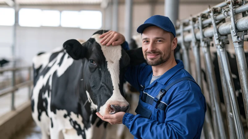Farmer in blue coveralls petting a black and white cow inside a barn