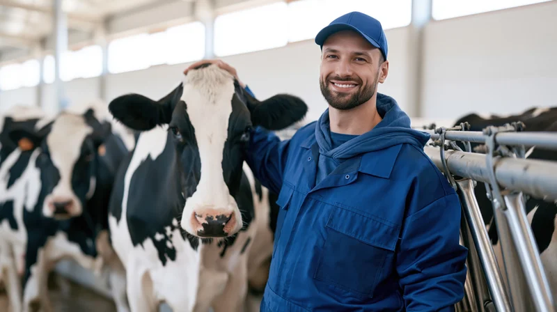 Farmer in blue coveralls smiling while petting a black and white cow in a barn
