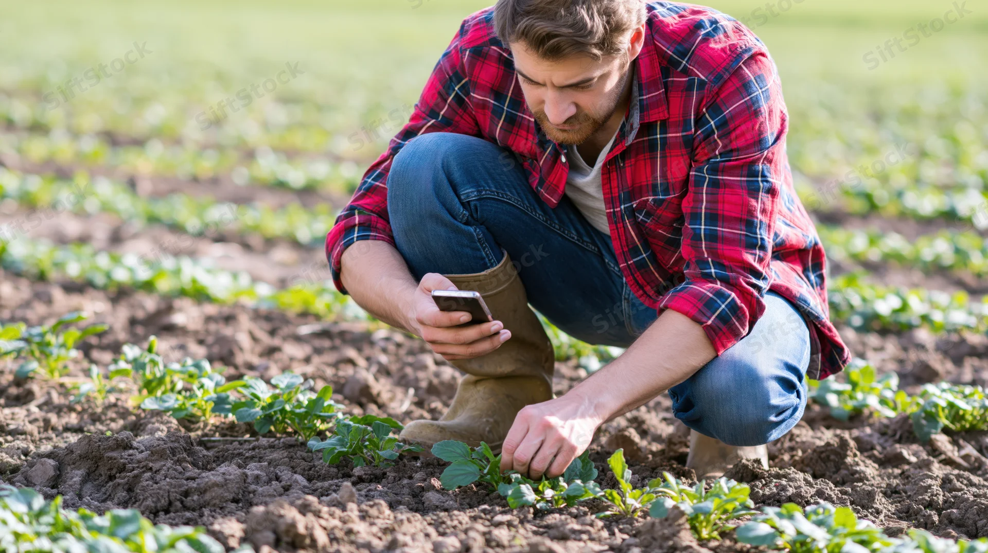 Farmer kneeling in a field inspecting young plants while using a smartphone