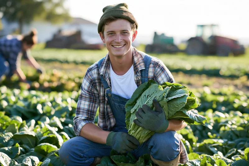 Young farmer kneeling in a field holding harvested cabbage, surrounded by crops with a tractor in the background