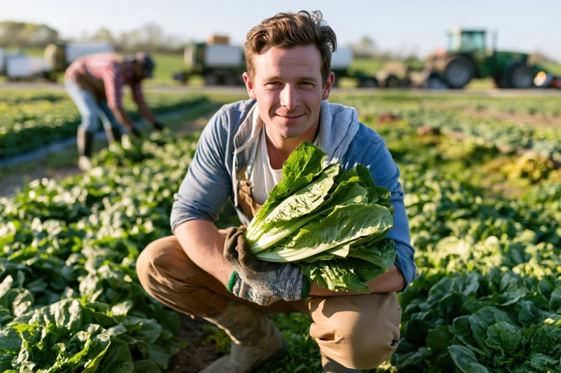 Farmer kneeling in a field holding a bundle of fresh lettuce during harvest