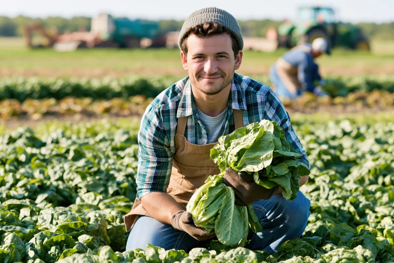 Young male farmer kneeling in a field holding fresh lettuce during harvest
