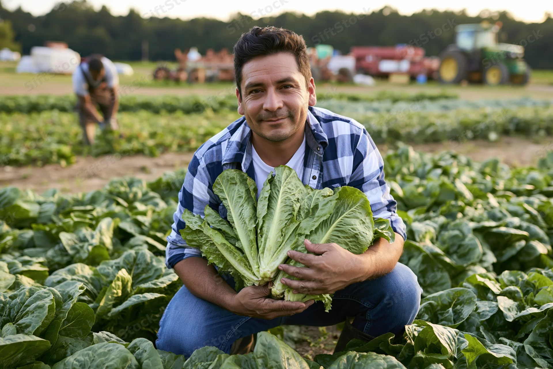 Farmer crouching in a field holding a head of lettuce among rows of crops