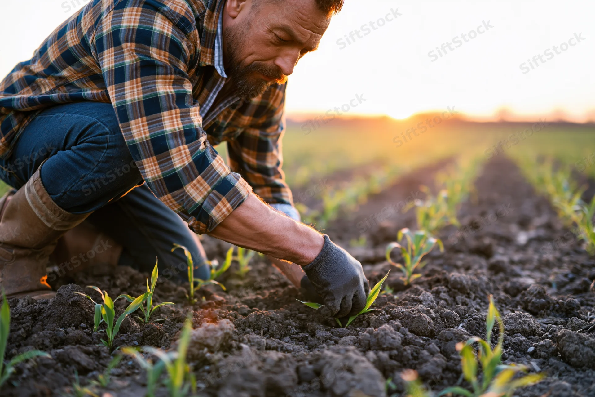 Farmer kneeling to plant corn seedlings in a field at sunset