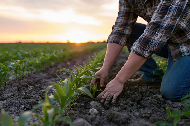 Farmer kneeling in a cornfield at sunset, tending young plants in rich soil