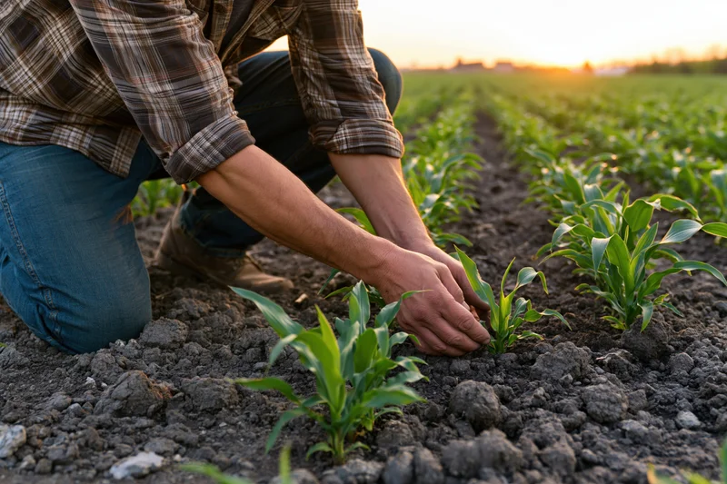 Farmer kneeling in a cornfield planting seedlings at sunset