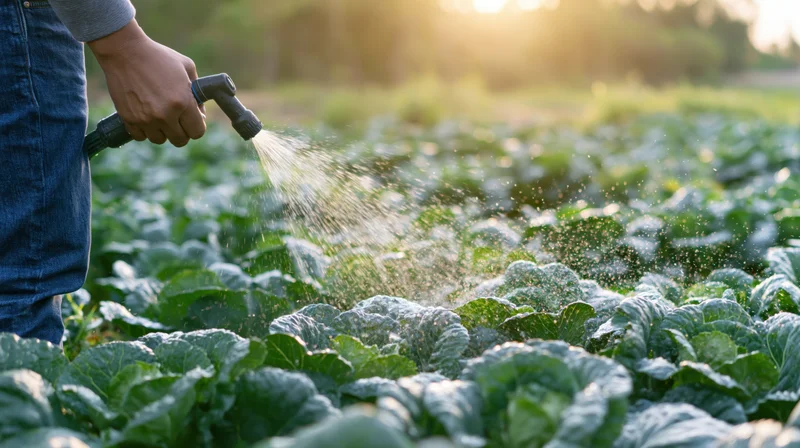 Farmer watering cabbage plants in a field with a hose during daylight
