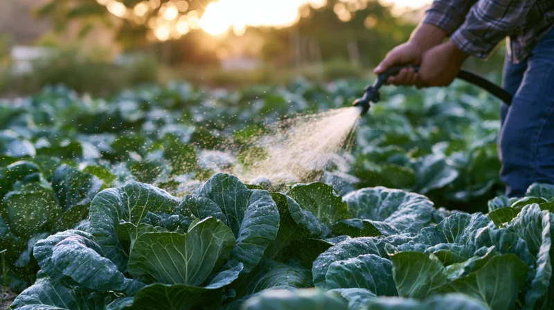Farmer watering cabbage plants in a garden at sunset