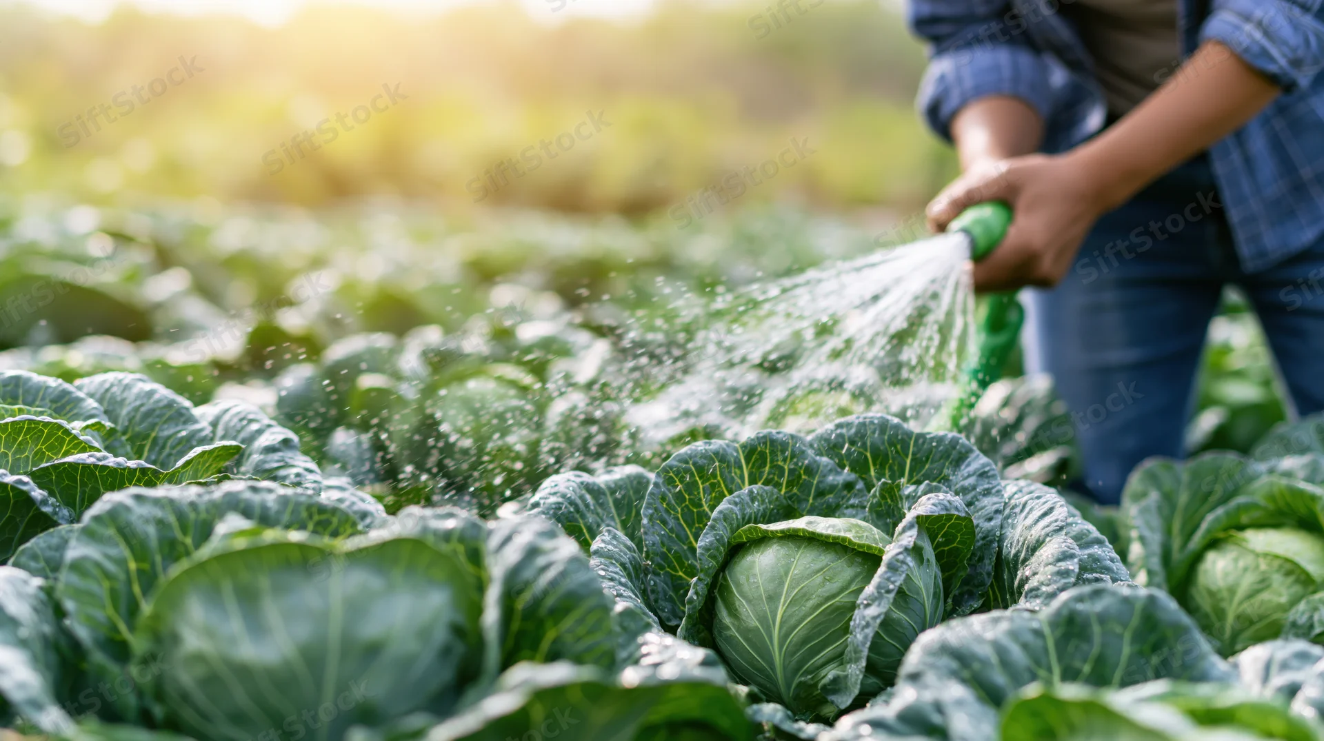 Farmer watering cabbage plants in a field during daytime