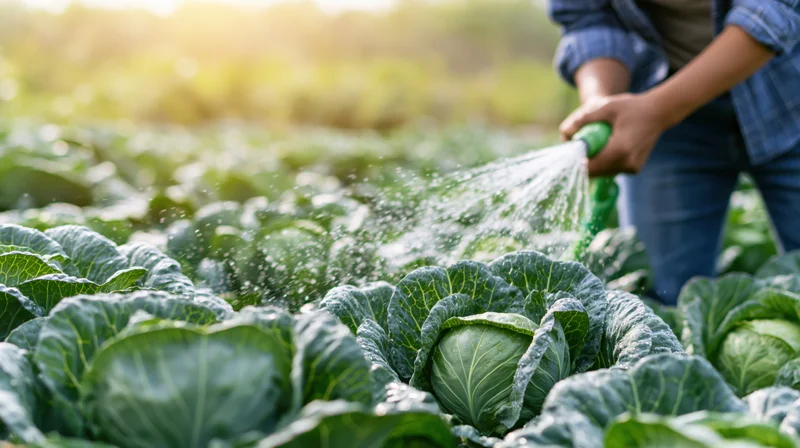 Farmer watering cabbage plants in a field during daytime
