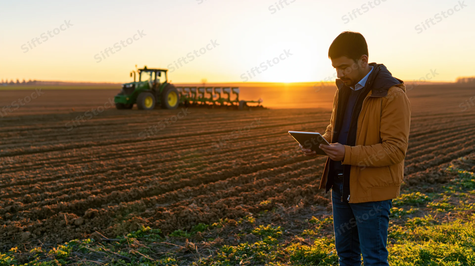 Farmer using tablet in field with tractor in background at sunset