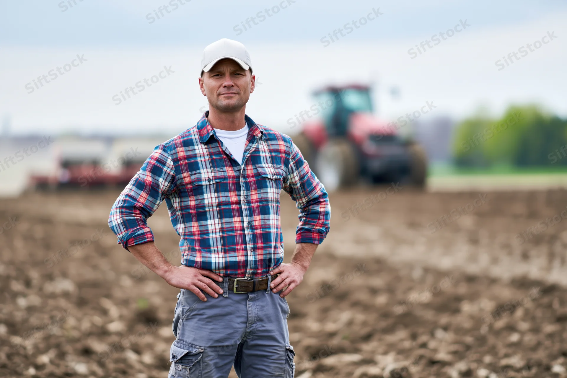 Farmer standing with hands on hips in a plowed field with tractor in background