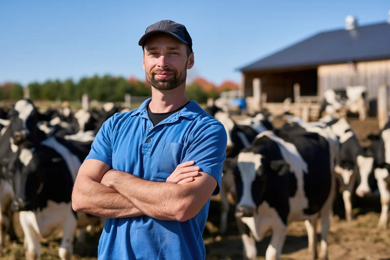 Farmer standing with arms crossed in front of dairy cows on a farm
