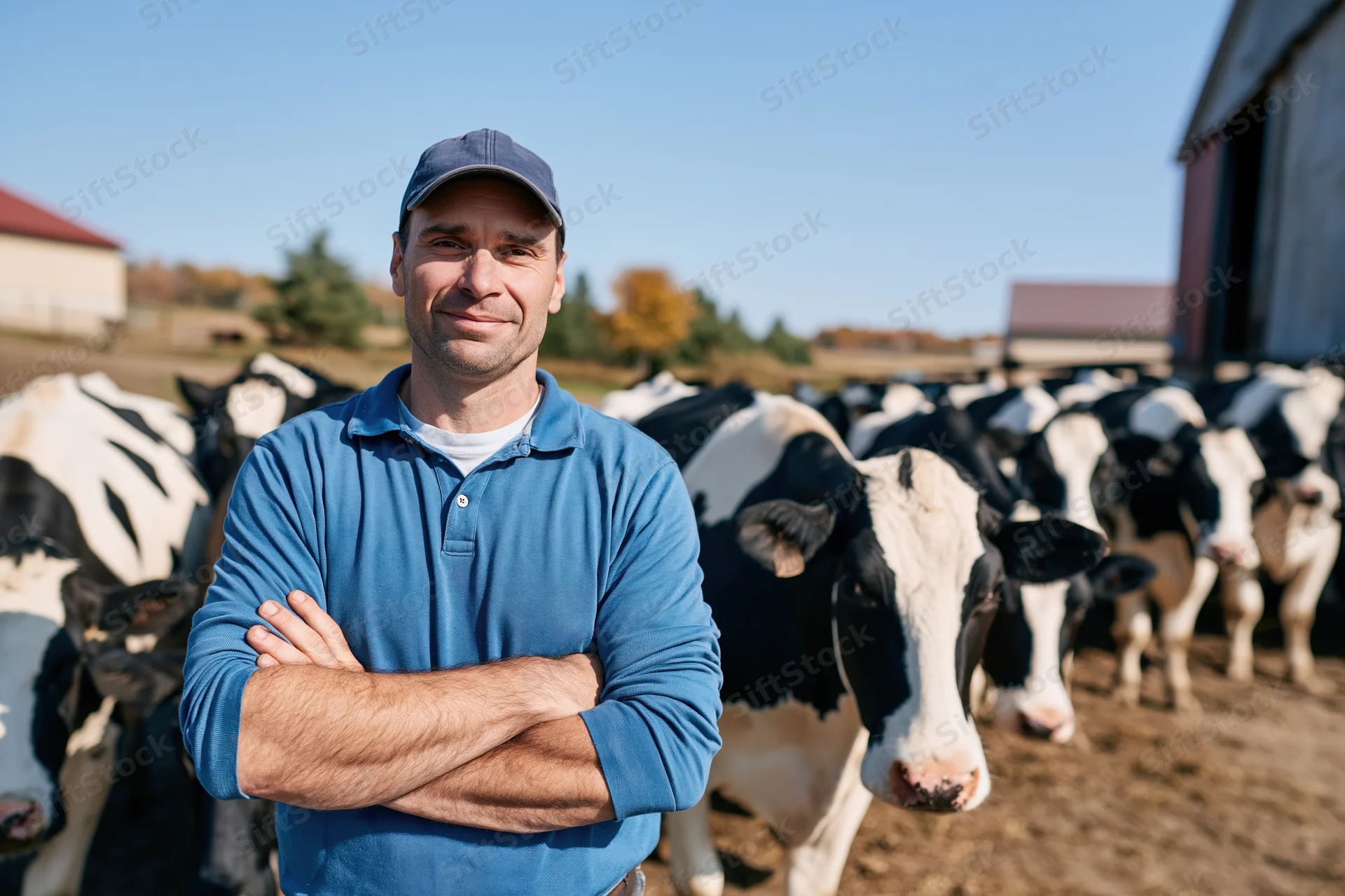 Farmer with arms crossed standing in front of a herd of cows on a dairy farm