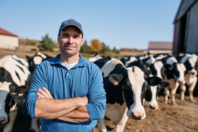 Farmer with arms crossed standing in front of a herd of cows on a dairy farm