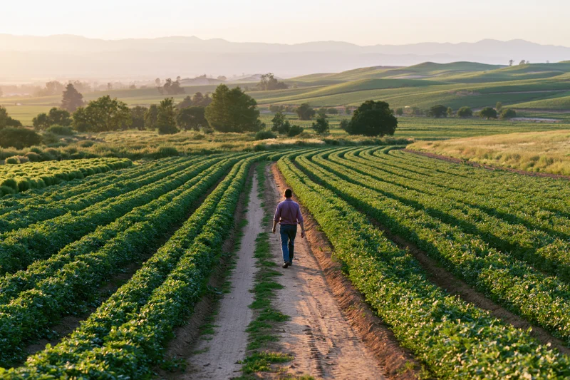 Farmer walking along dirt path between rows of crops in a green field