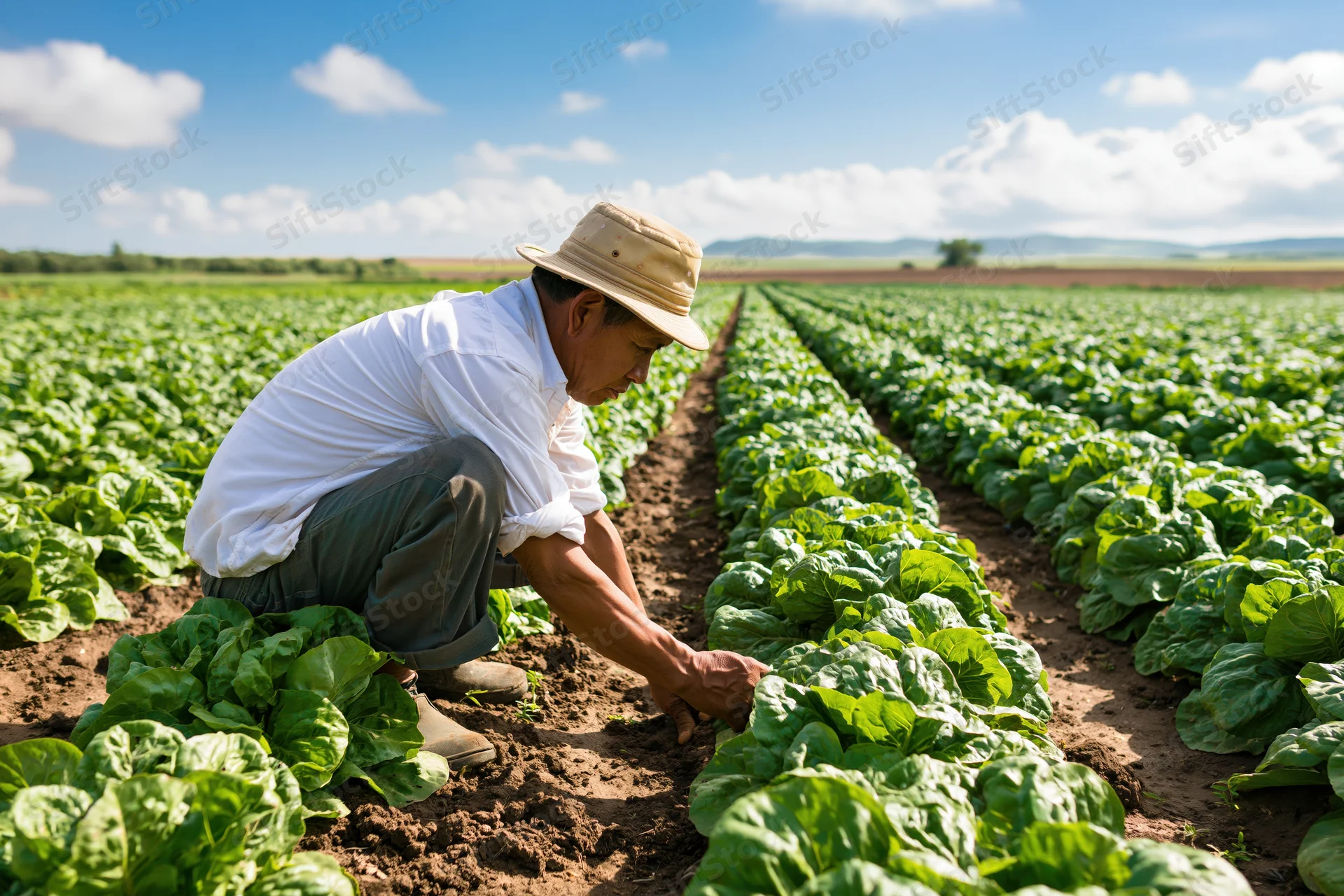 Farmer crouching to inspect lettuce plants in a cultivated field under a blue sky