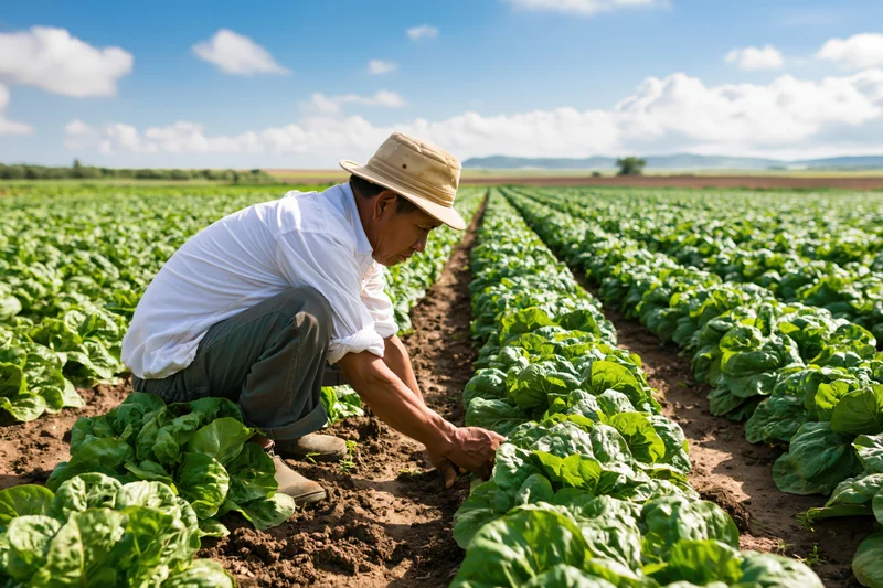 Farmer crouching to inspect lettuce plants in a cultivated field under a blue sky