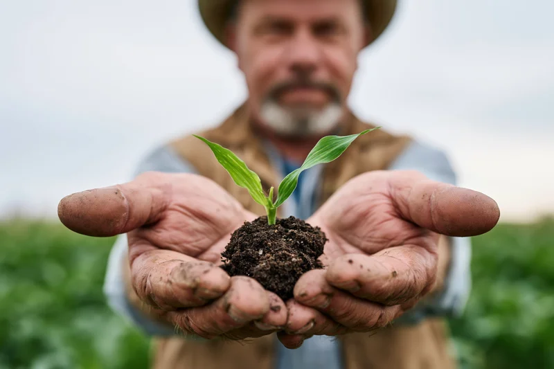 Farmer holding a corn seedling in soil with hands extended toward camera in a field