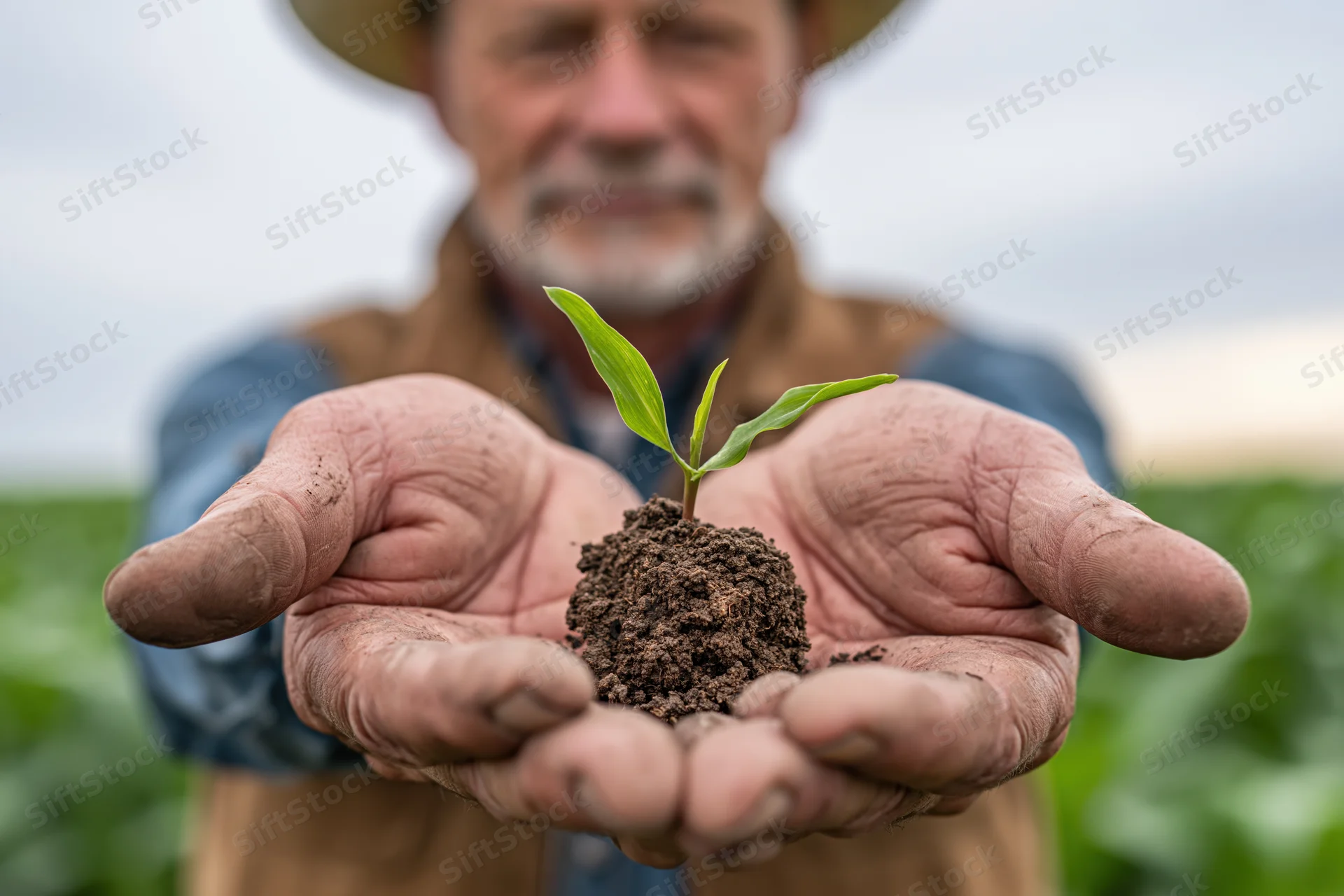 Farmer holding a seedling in soil with hands extended in a field