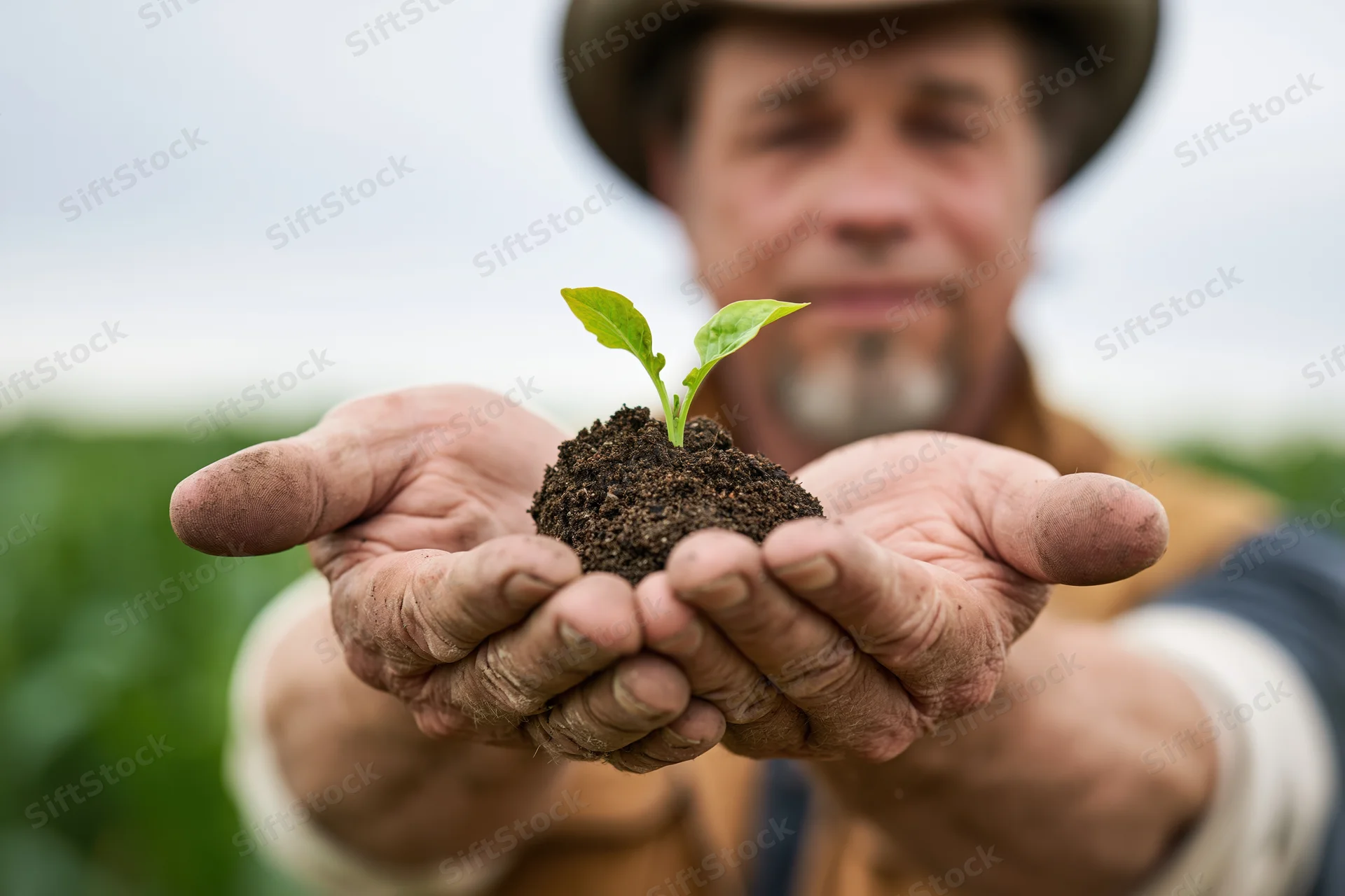 Farmer holding a small green seedling in his hands in a field