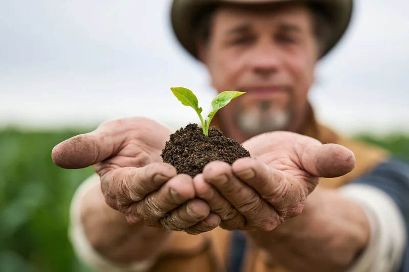 Farmer holding a small green seedling in his hands in a field