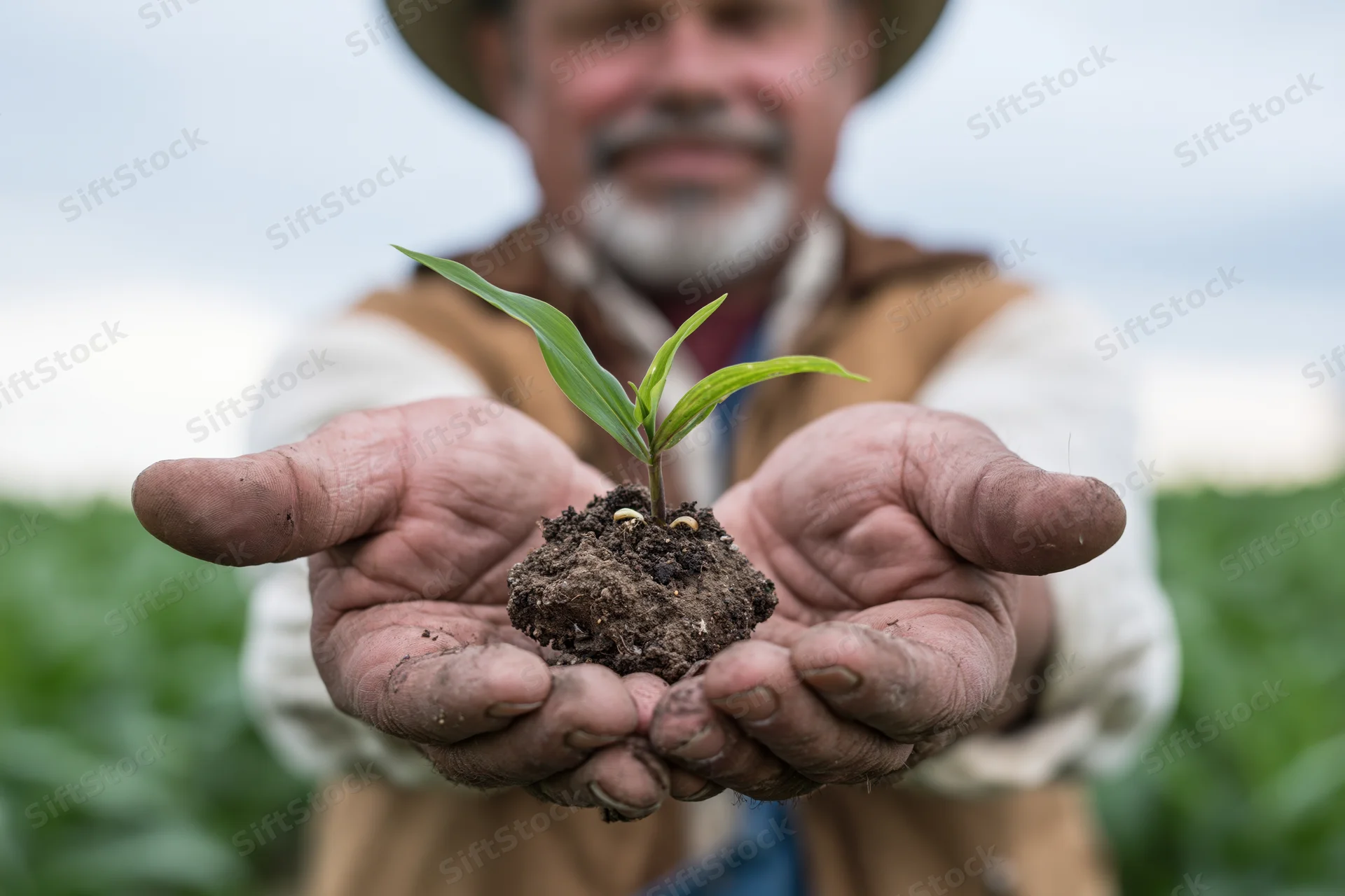 Farmer holding corn seedling in soil with hands in field