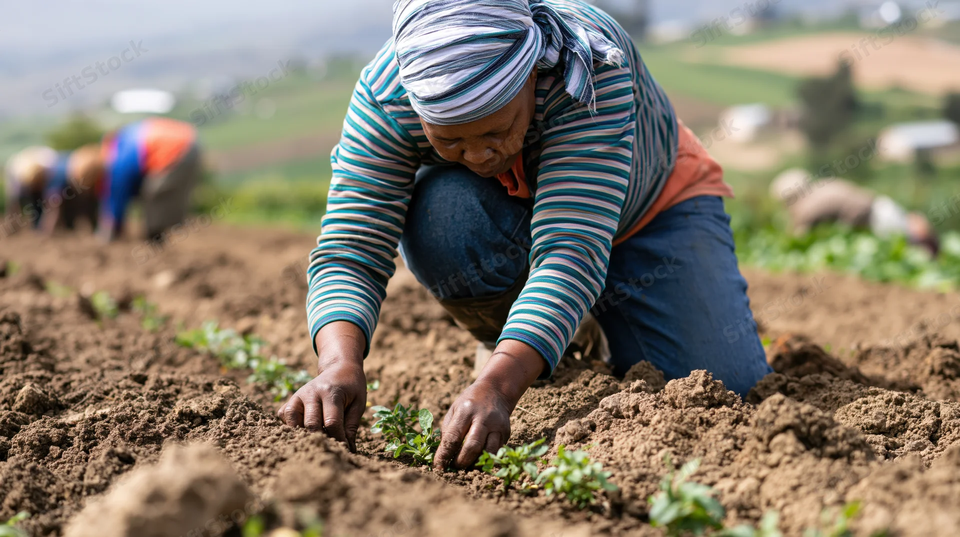 Woman farmer planting seedlings in a tilled field during daytime
