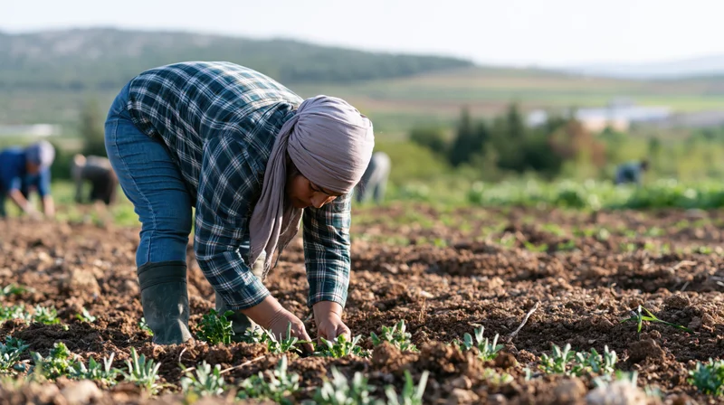 Woman farmer planting seedlings in a field during daylight