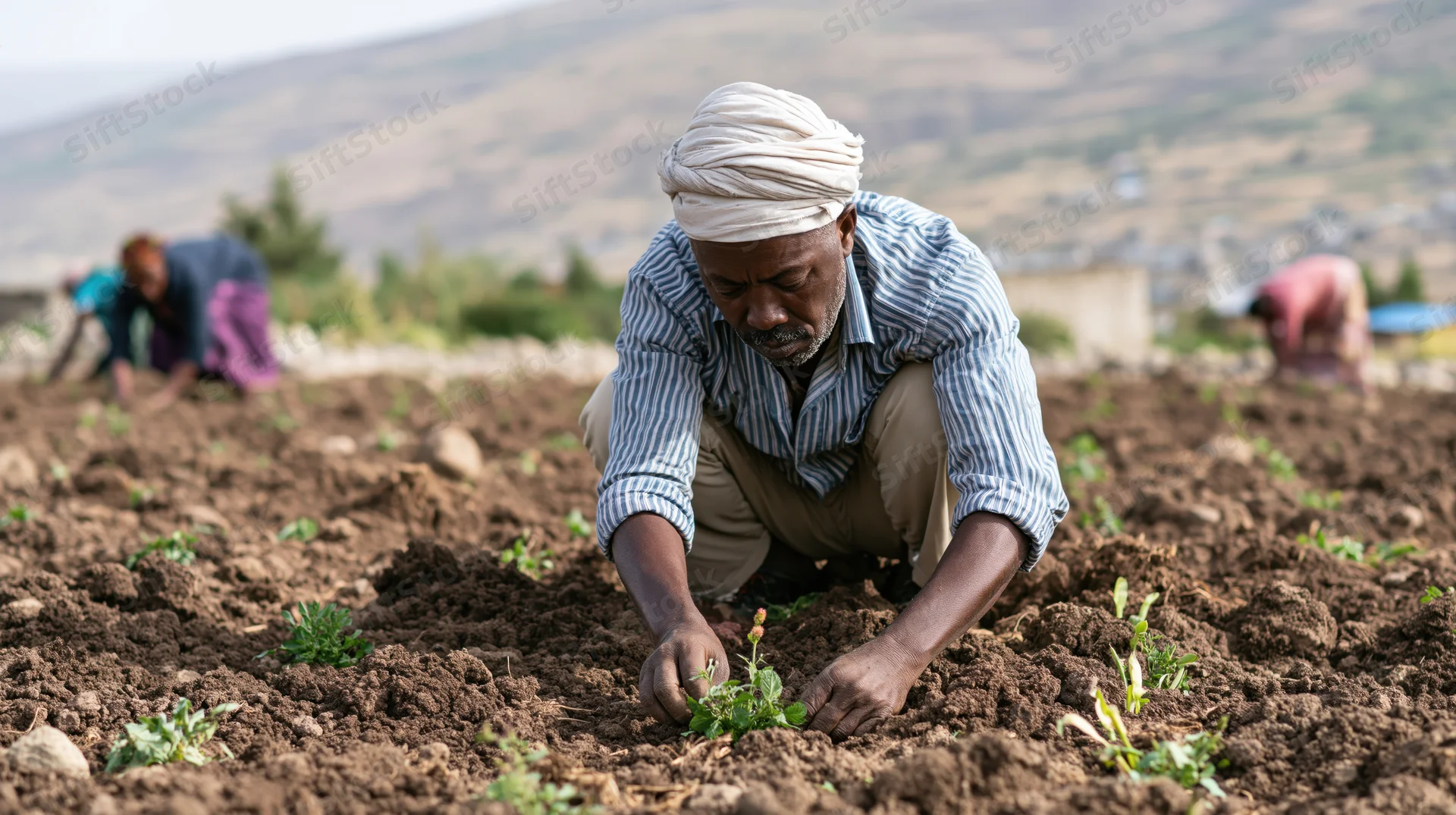 Man planting seedlings in a tilled field with hills in the background