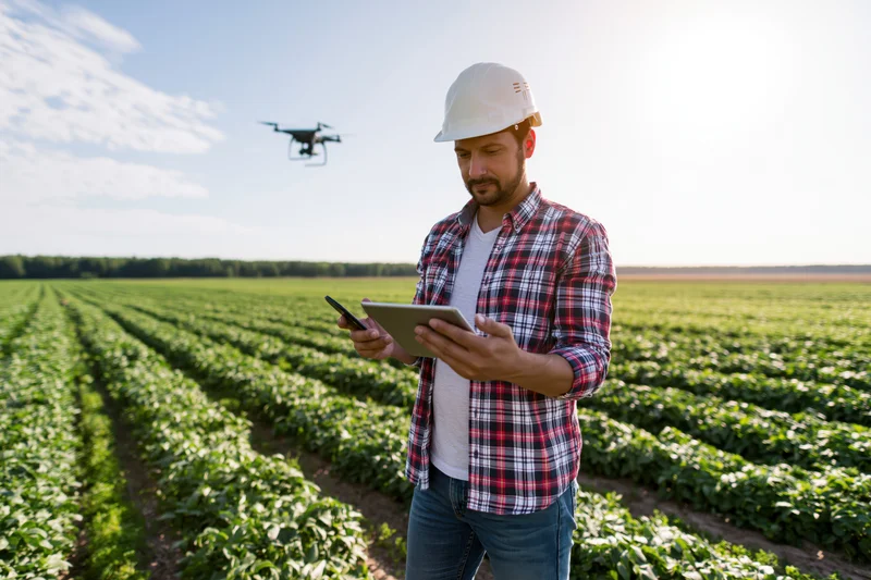 Farmer using tablet and smartphone in a soybean field with drone flying overhead