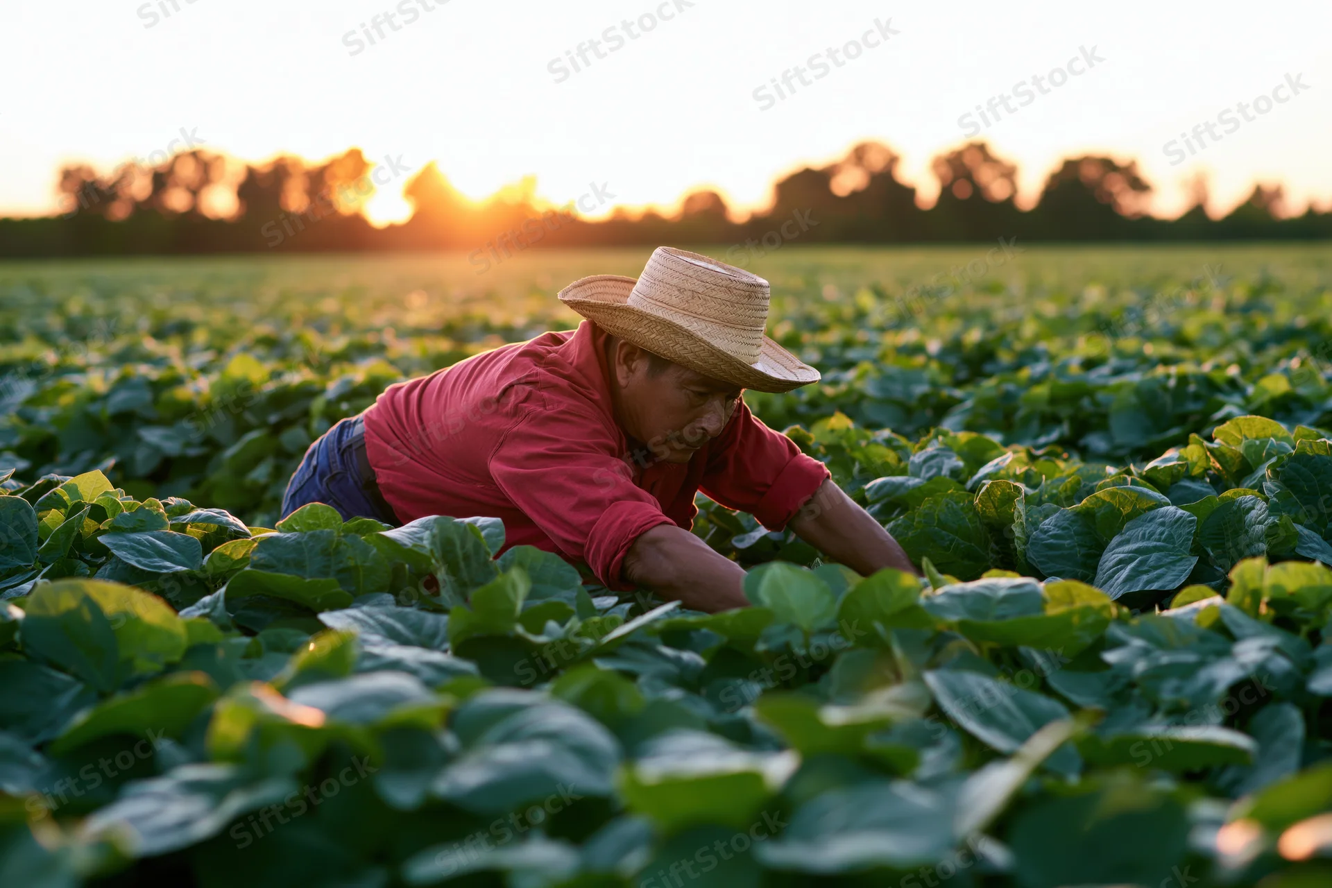 Farmer inspecting crops in a field at sunset