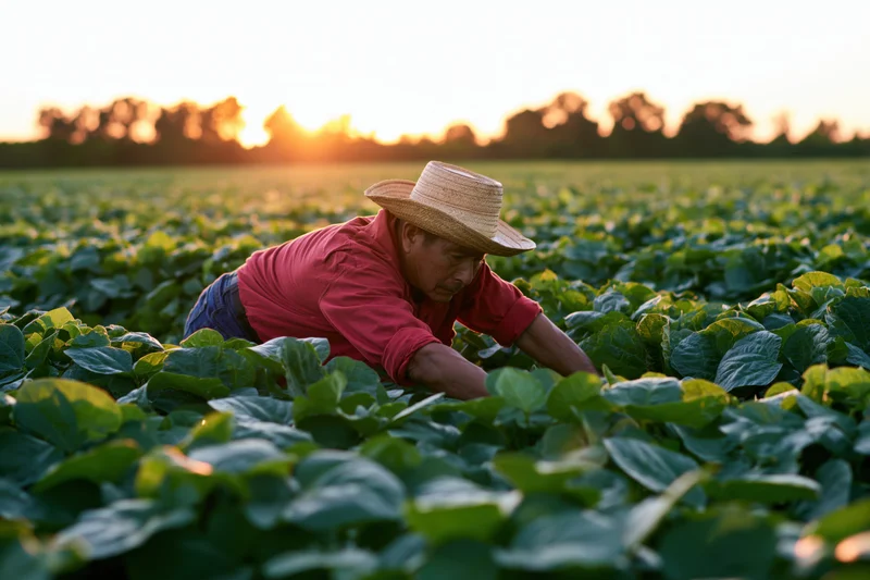 Farmer inspecting crops in a field at sunset