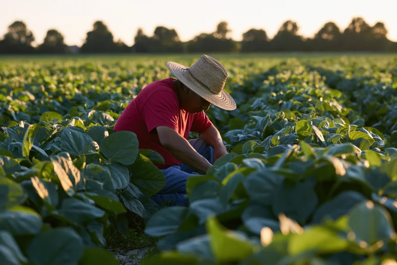 Farmer inspecting soybean plants in a field at sunset