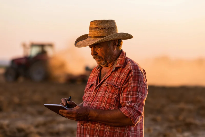 Farmer using tablet in field at sunset with tractor in background