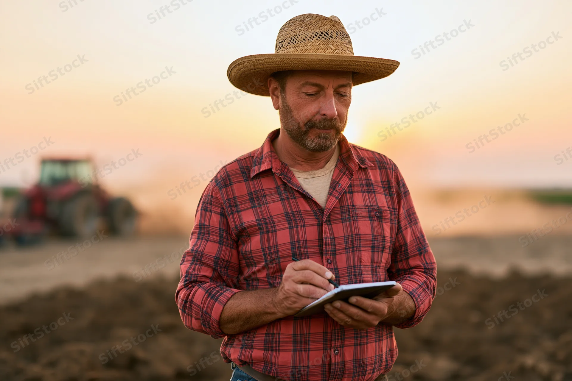 Farmer writing on tablet in field at sunset with tractor in background
