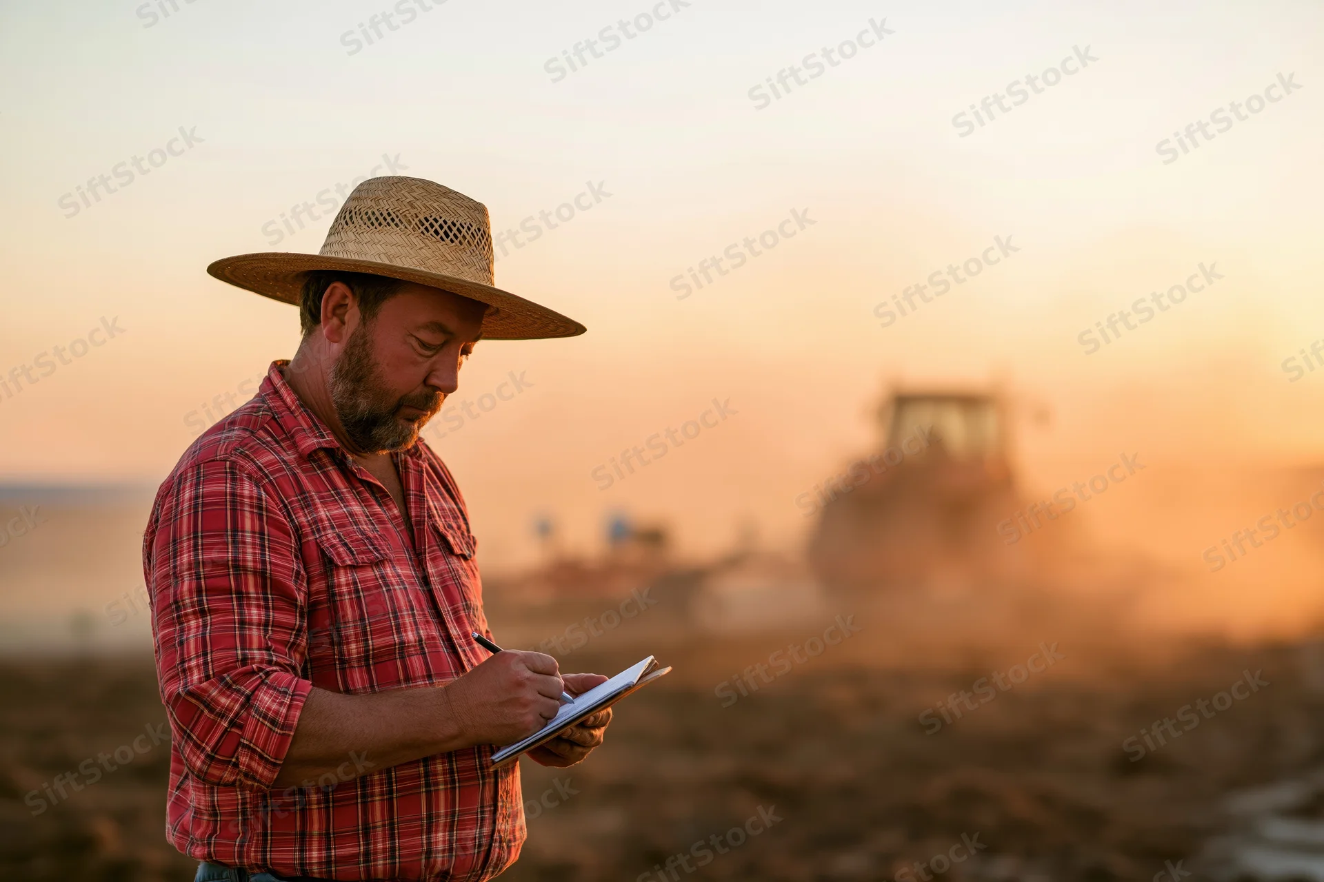 Farmer writing on clipboard in field at sunset with tractor in background