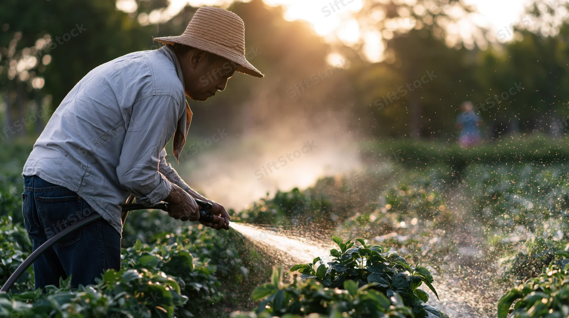 Senior asian farmer watering crops with a hose in a sunlit garden field