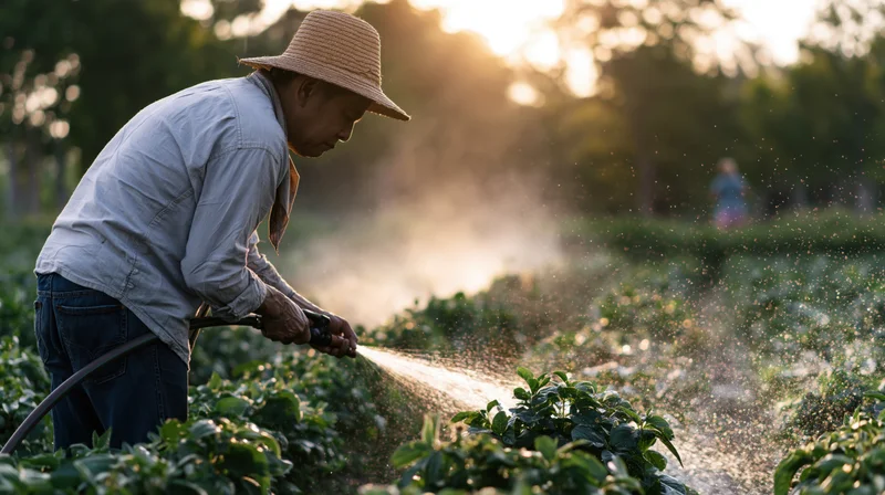 Senior asian farmer watering crops with a hose in a sunlit garden field