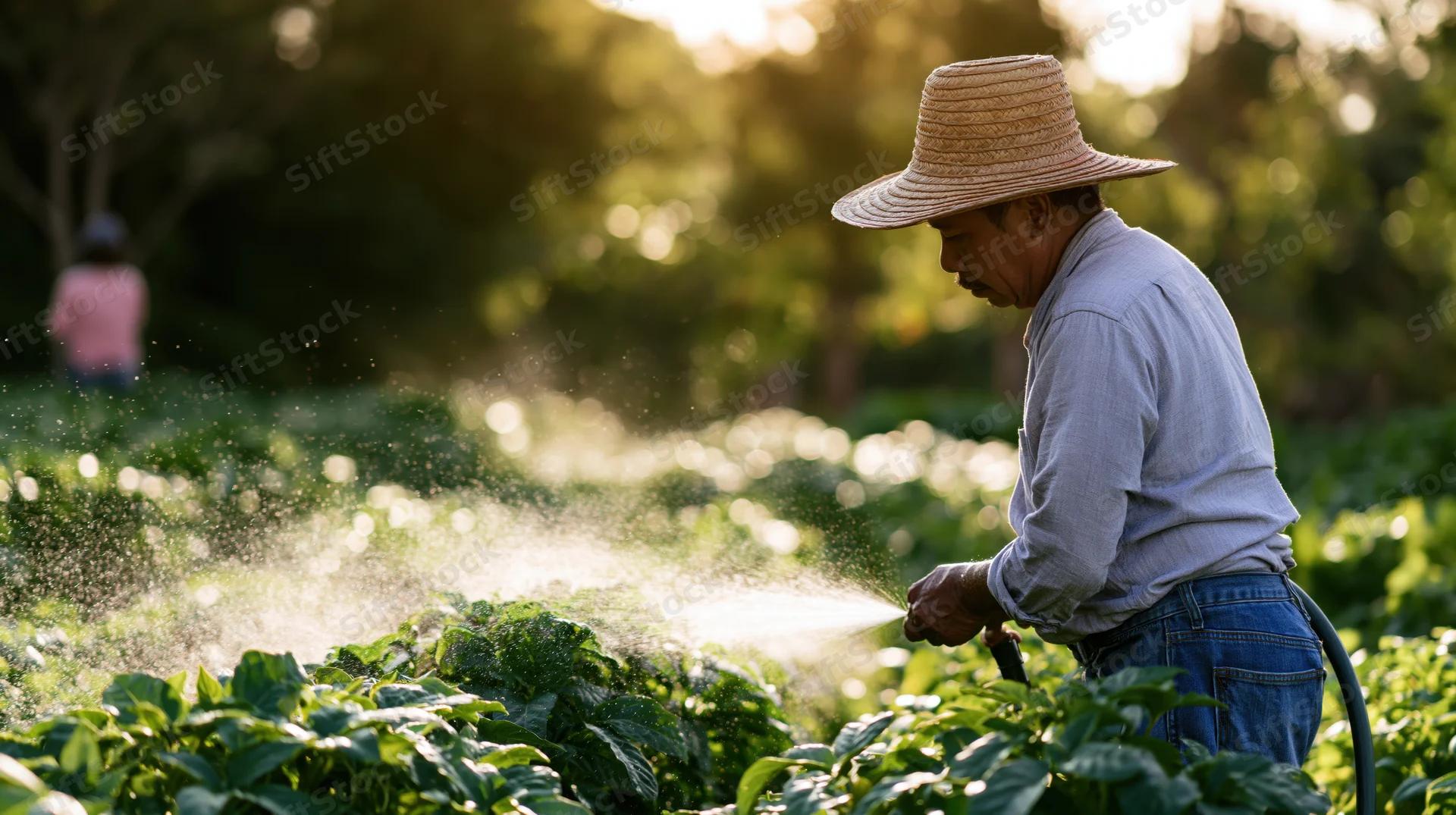 Farmer watering crops in a garden with a hose during sunlight