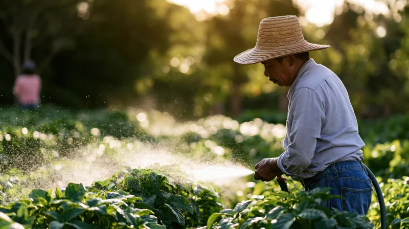 Farmer watering crops in a garden with a hose during sunlight