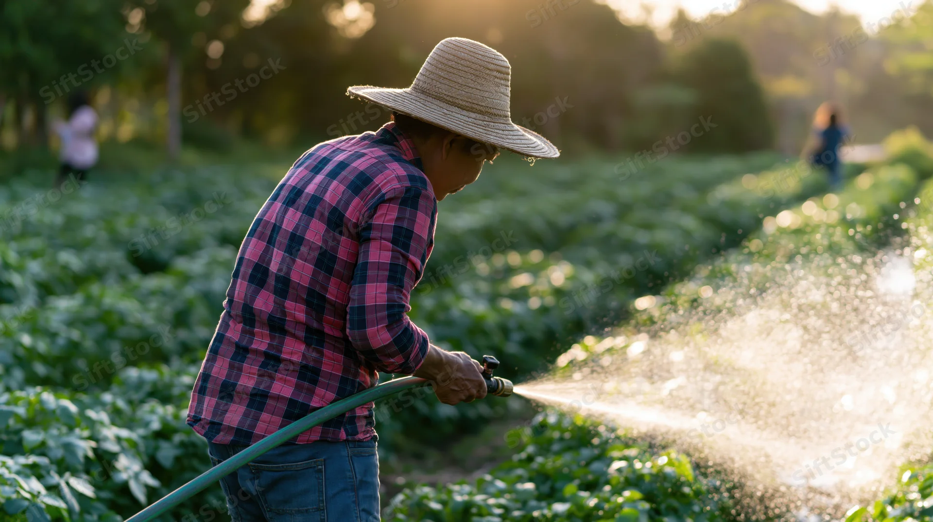 Farmer watering crops with a hose in a green field at sunset