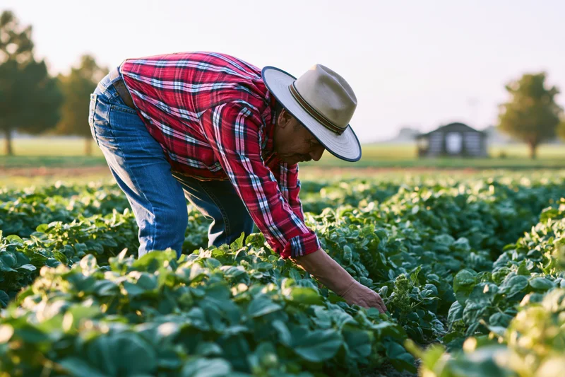 Farmer inspecting soybean plants in a field during daylight