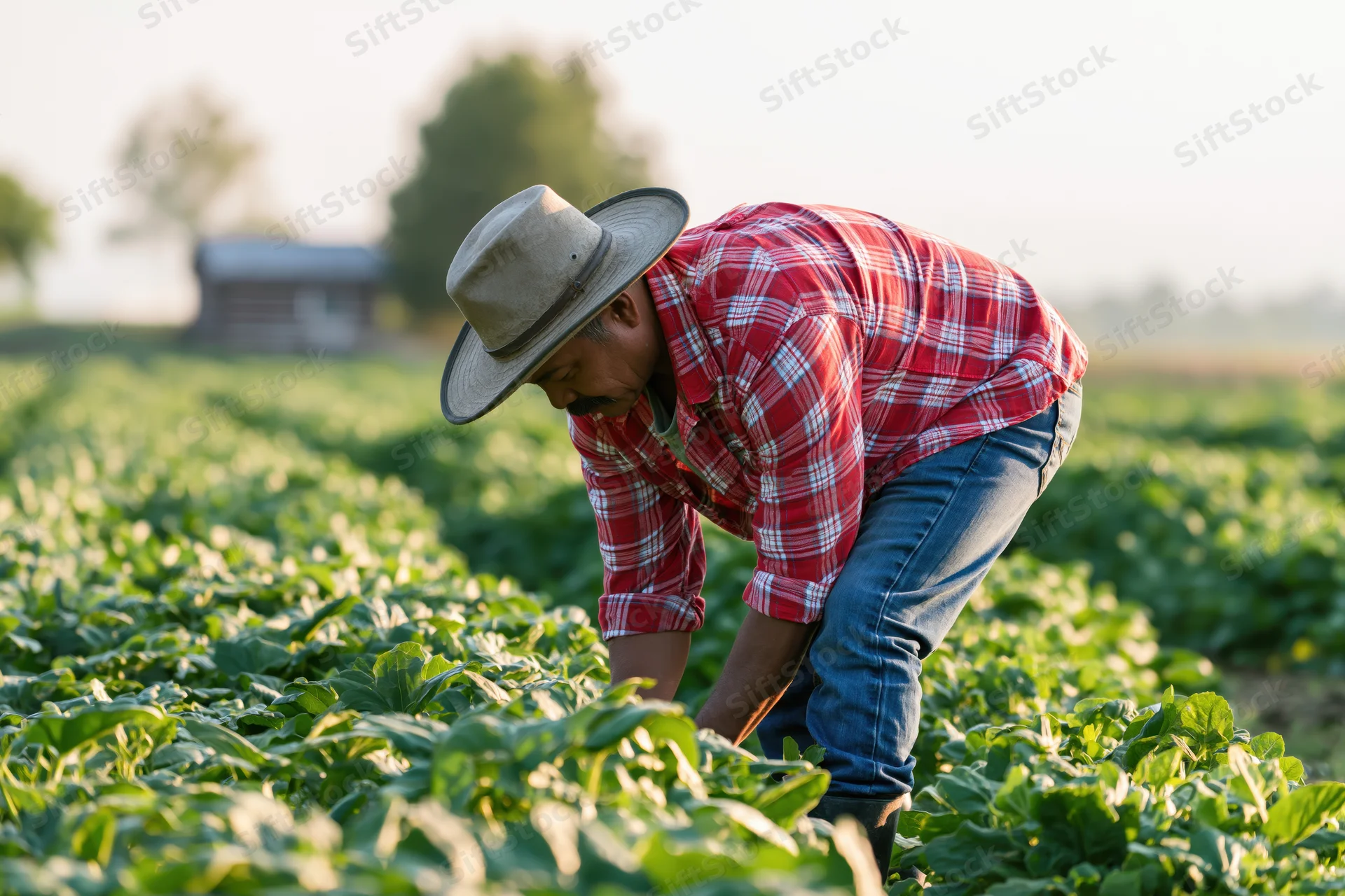 Farmer inspecting crops in a green field during daylight
