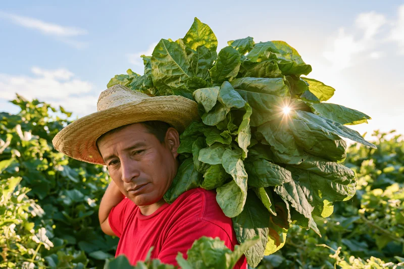 Man carrying bundle of tobacco leaves on shoulder in field