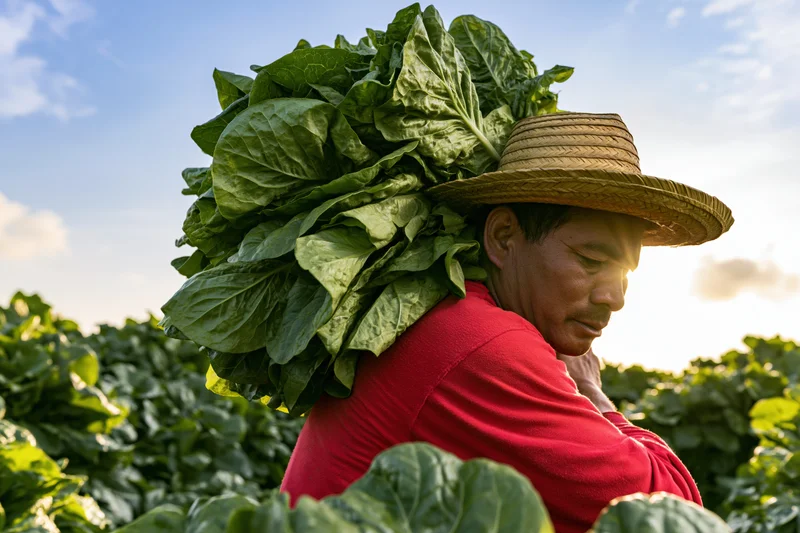 Farmer carrying harvested lettuce on his back in a field at sunrise