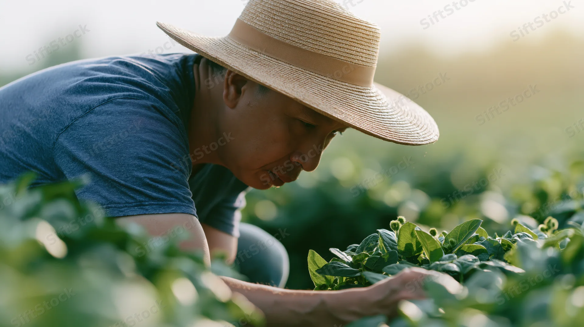 Farmer inspecting crops in a field wearing a straw hat and blue tshirt